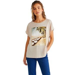 Chico's Womens Blouse Sz 2 Sz 12 Sz Large Island Graphic Tee Print Beige Beach